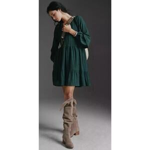Anthropologie Mare Mare Anne Tiered Tunic Dress Kelly Green Boho Size Petite L